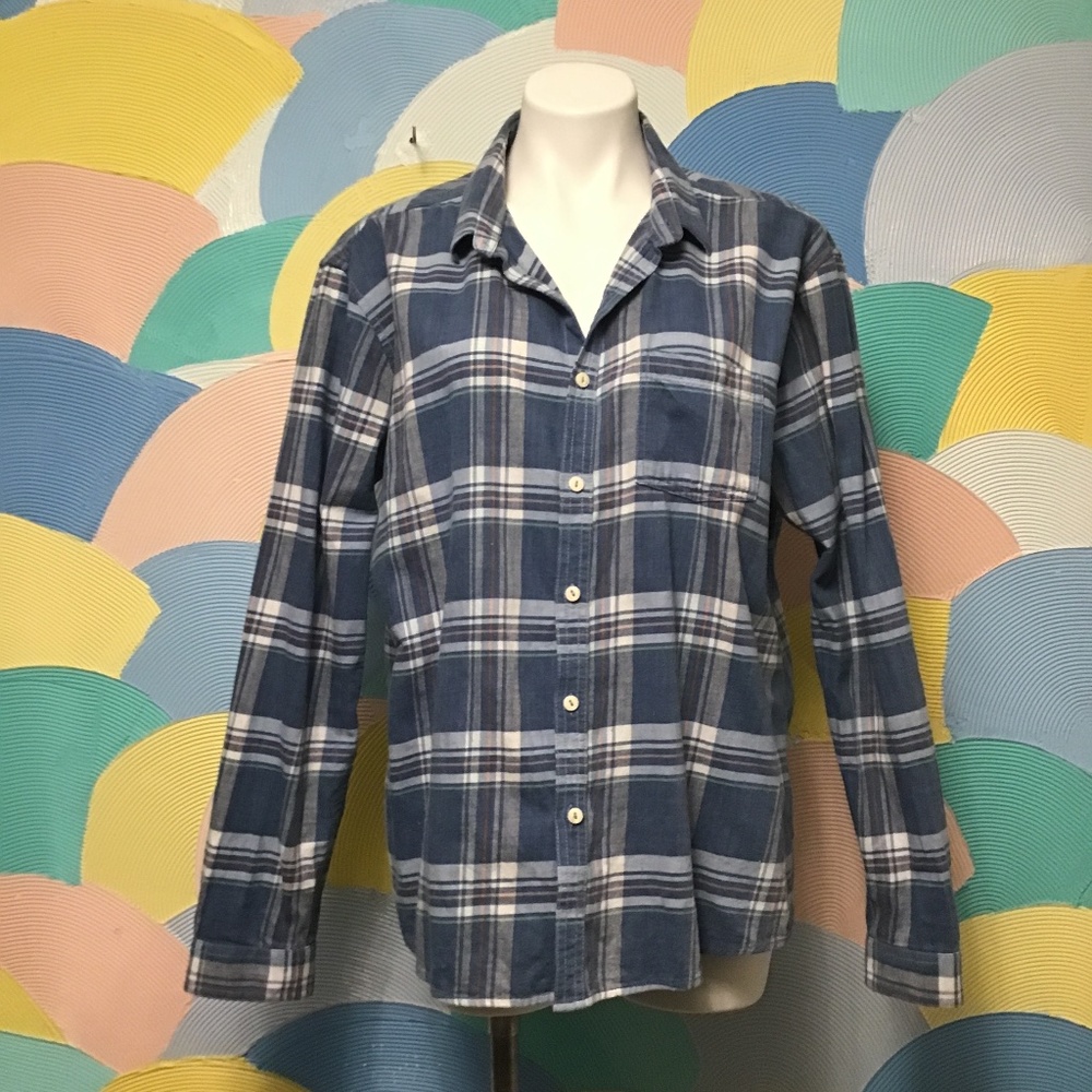 LOB plaid mans long sleeve blue shirt size L 100% cotton
